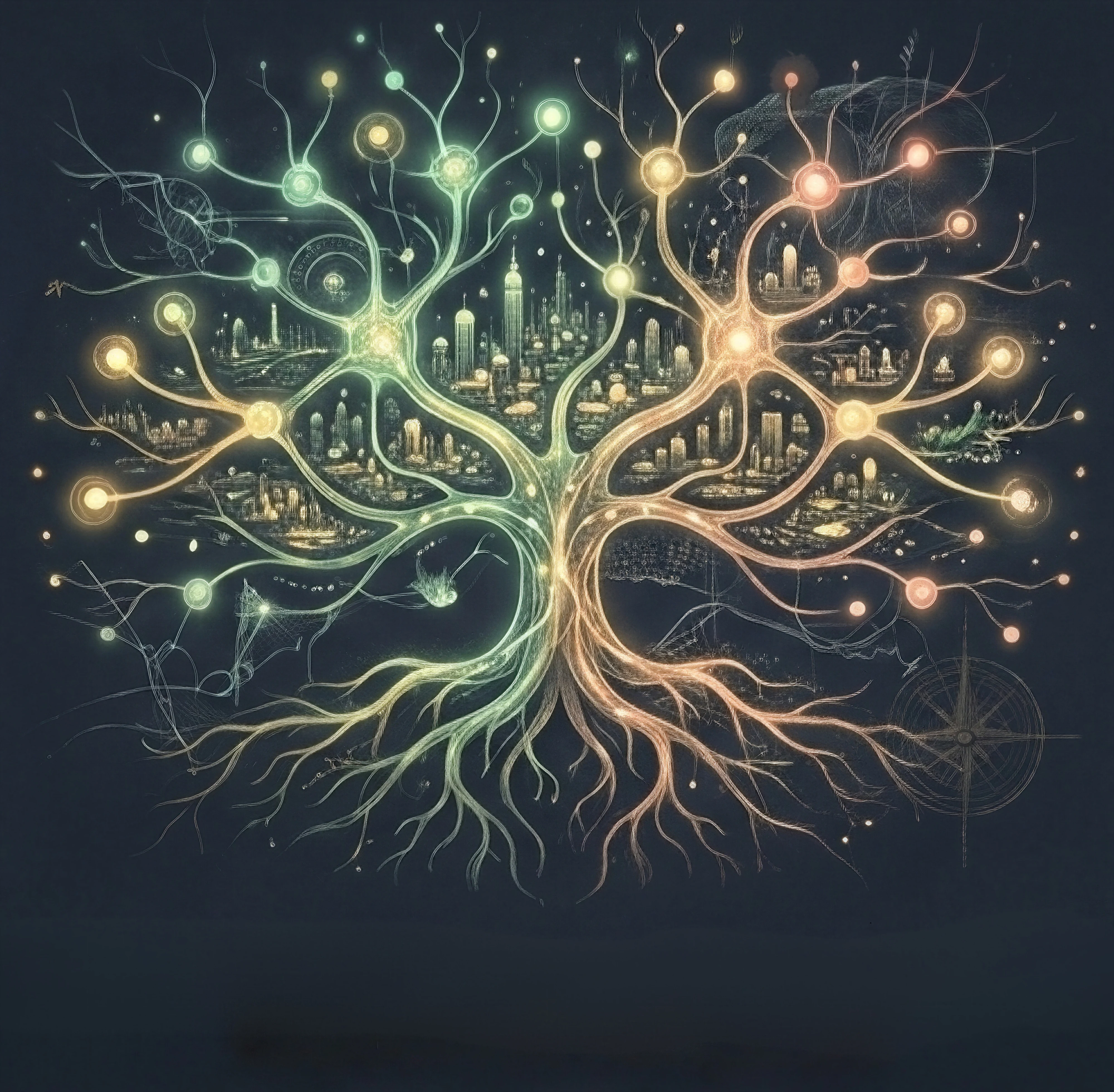 Relational Intelligence Mapping — a luminous neural tree whose branches and roots glow with connected nodes